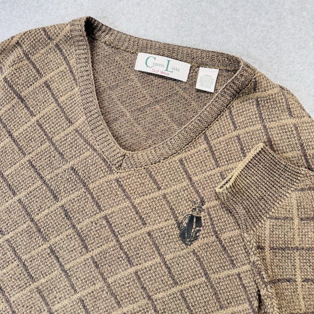 VTG Cypress Links Golf V-Neck Knit Sweater Mens L Diamond Lattice GrandpaCore